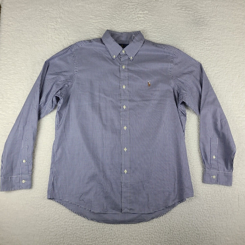 Polo Ralph Lauren Dress Shirt Mens XL Blue White Mini Check Cotton Button Up